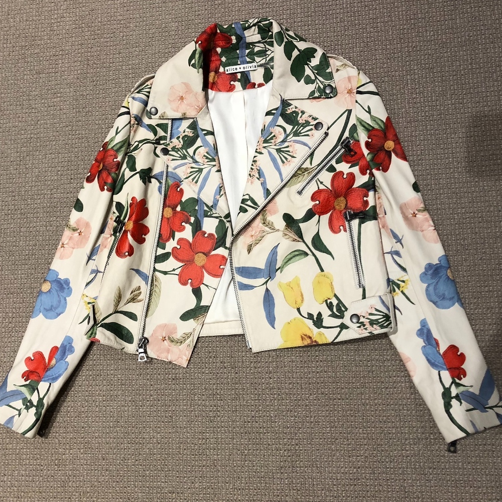 Alice + Olivia flowered pattern leather jacket